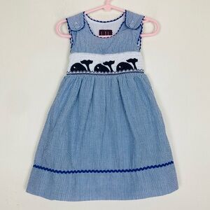 Lil Cactus blue & white striped sleeveless smocked dress w whale embroidery. 3T